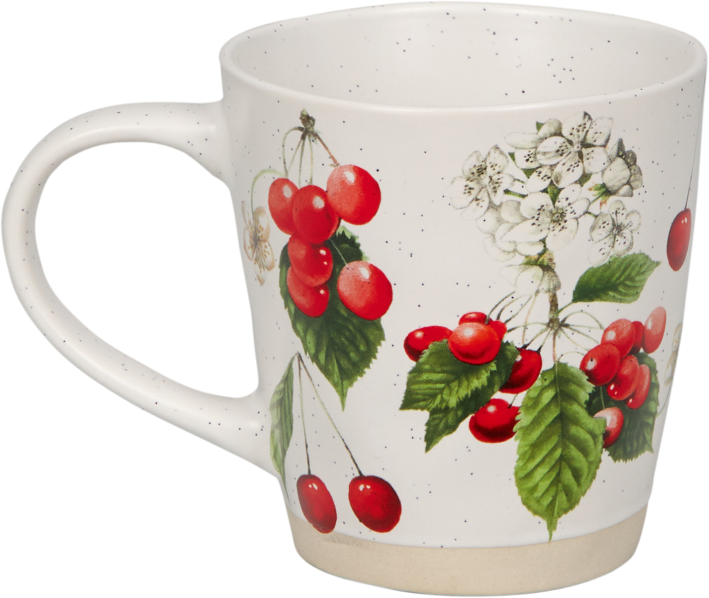 Andere Seite einer weißen Tasse mit Kirschabbildungen, grünen Blättern und weißen Blüten.