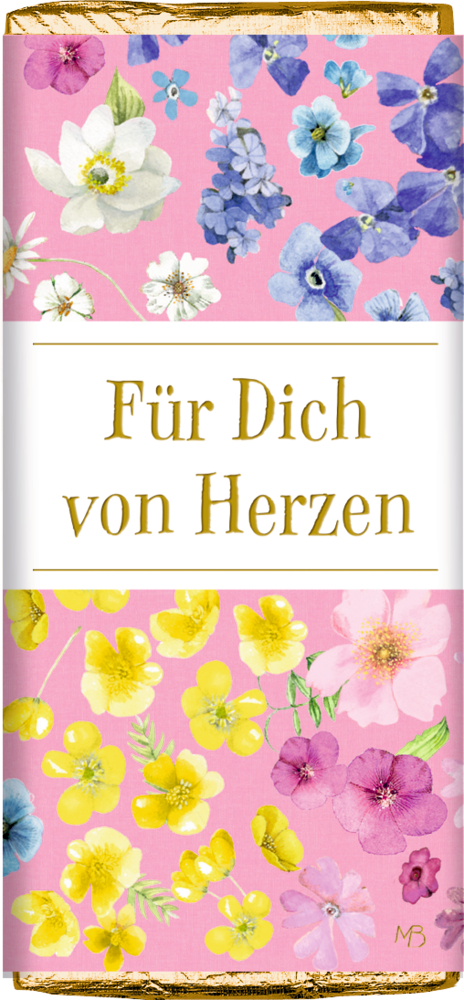Eine Schokoladentafel mit der Aufschrift Für Dich von Herzen und bunten Blumen auf rosa Hintergrund.