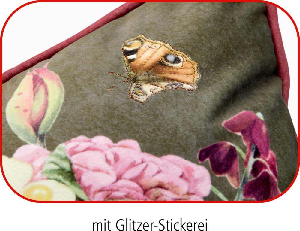 Grüner Stoff mit gestickten Schmetterlingen, Blumen, Glitzerakzenten und roter Einfassung.