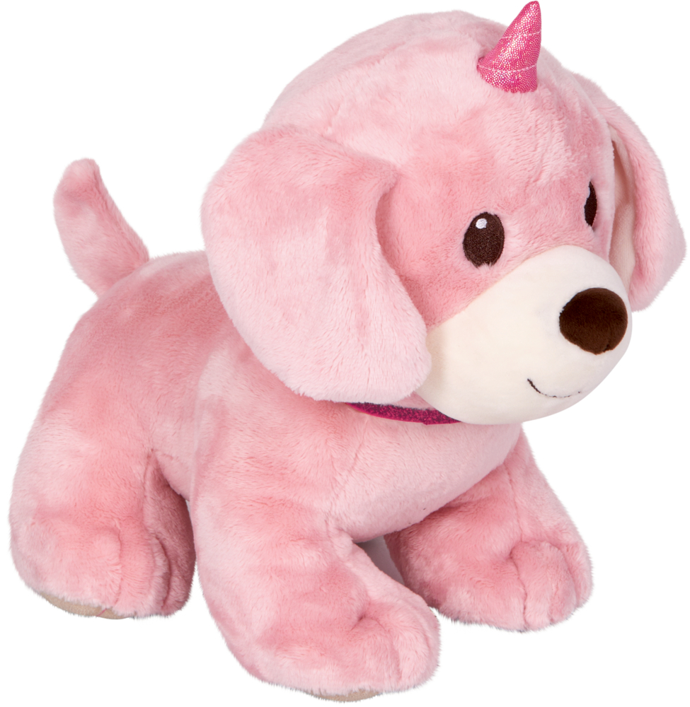 Unidog groß, rosa Plüschiges rosa Hundespielzeug mit Schlappohren, Einhornhorn und einem süßen lächelnden Gesicht.