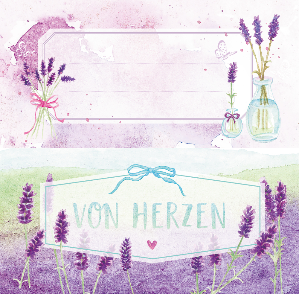 Aquarell Lavendelblumen, Schriftzug "Von Herzen", pastellfarbener Hintergrund, Vasen und Bänder.