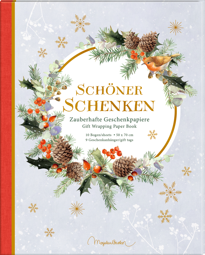 Buchcover: Festlicher Kranz mit Tannenzapfen, Beeren und einem Vogel; Titel „Schöner Schenken“.
