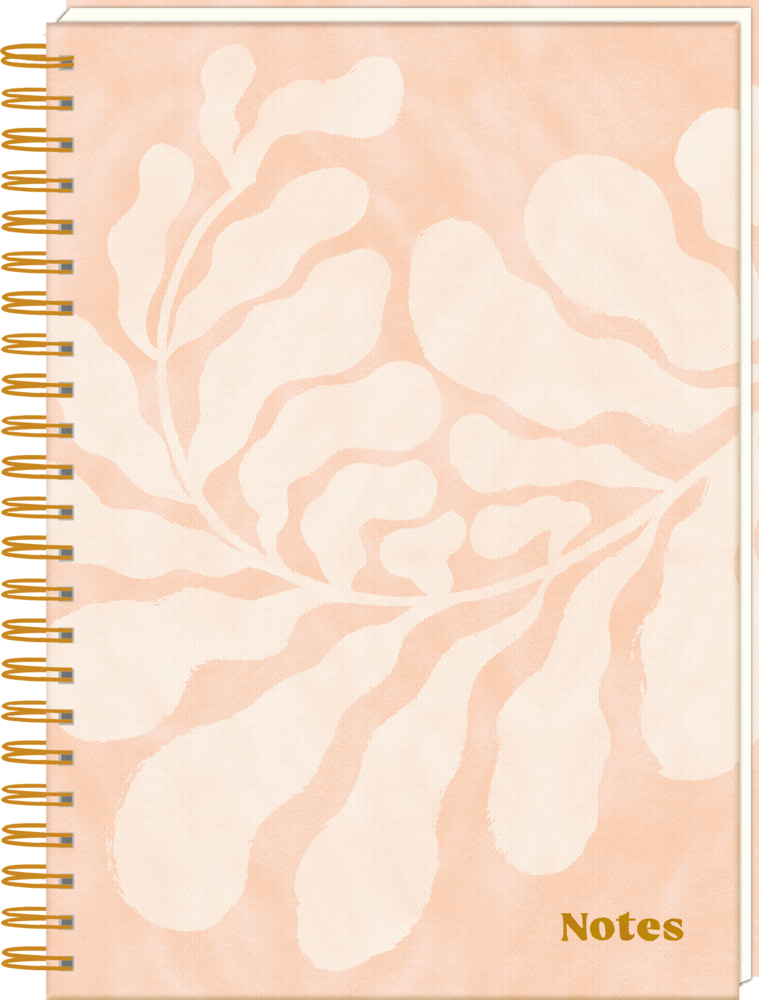 Ringbuch DIN A4: Notes - Colours of the Seasons Notizbuch mit pfirsich-cremefarbenem Abstrakt-Blatt-Cover, goldener Spiralbindung und goldenem „Notes“-Schriftzug.