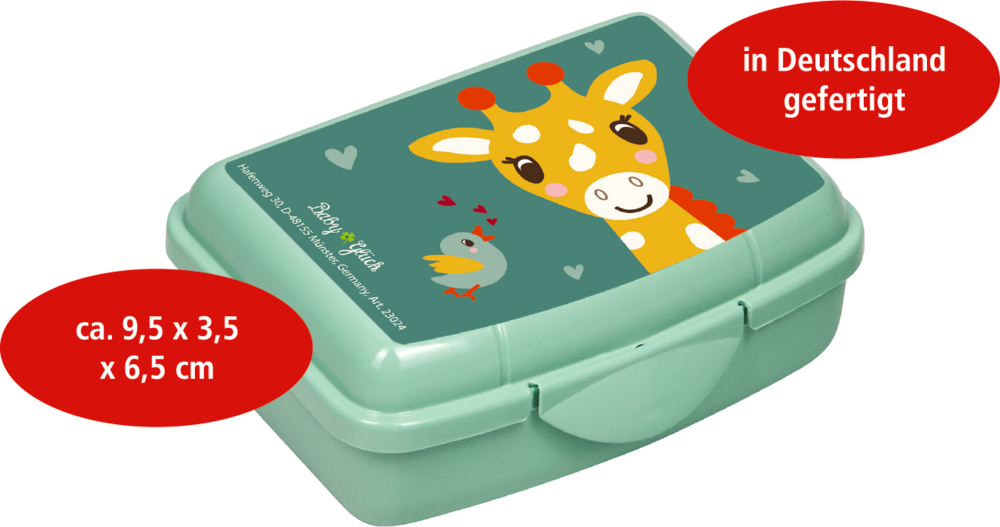 Mintgrüne kleine Box mit Giraffe und Vogel und Infos zu Maßen und Fertigung in Deutschland.