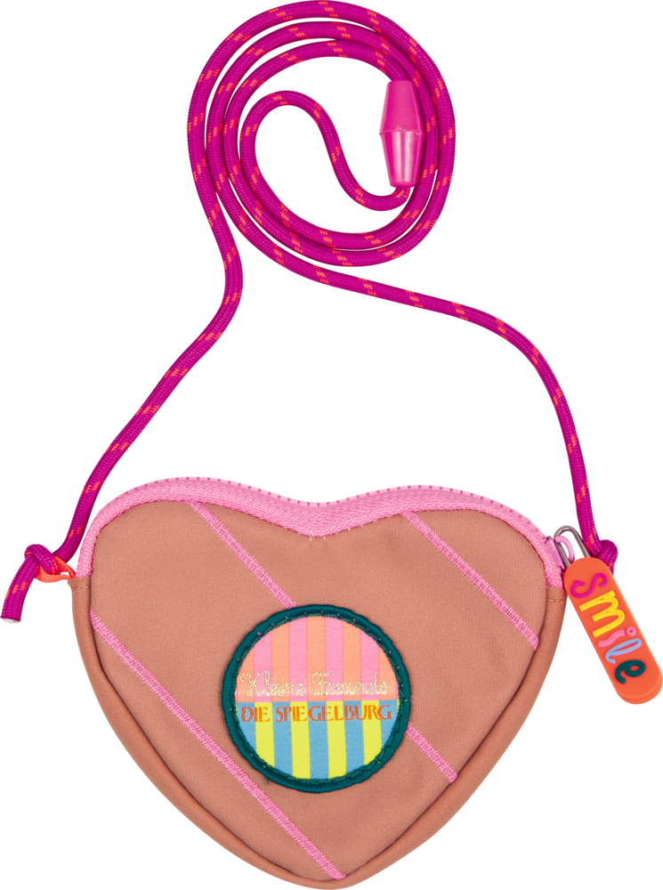 Herzförmiger Brustbeutel (Rückseite) mit gestreiftem Aufnäher, rosa Riemen und Anhänger mit Aufschrift smile in bunten Buchstaben.