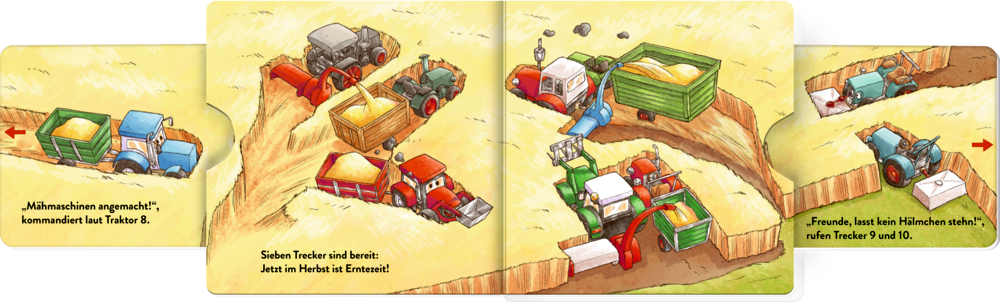 Zehn bunte Traktoren mit Anhängern und Heu arbeiten sich über ein hügeliges, parzelliertes Feld, auf einer Doppelseite mit Text.