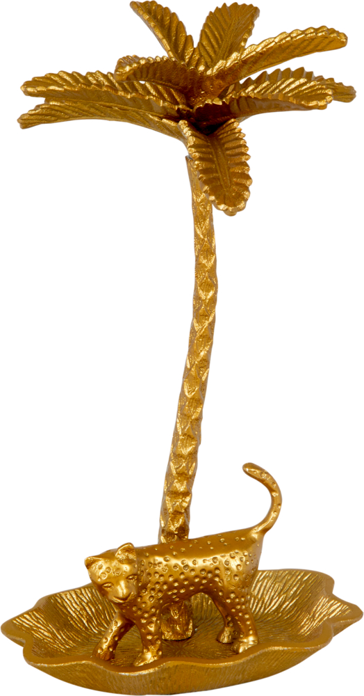 Goldenes Palmendekor mit Leopardenfigur auf blattförmigem Sockel. Luxuriöses und einzigartiges Akzentstück.