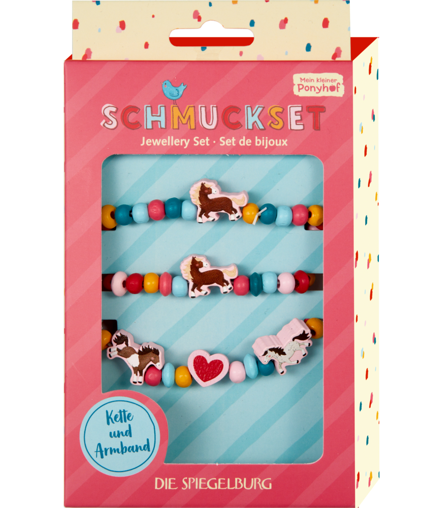 Perlenschmuckset mit Pferdeanhängern in bunter Verpackung mit der Aufschrift „Schmuckset“ und „Die Spiegelburg“.