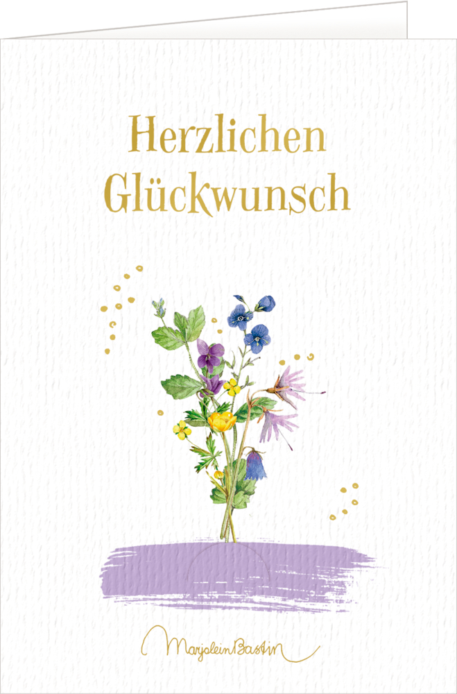 Weiße Karte mit „Herzlichen Glückwunsch“ in Gold, Blumenkunst und einem lila Pinselstrich.
