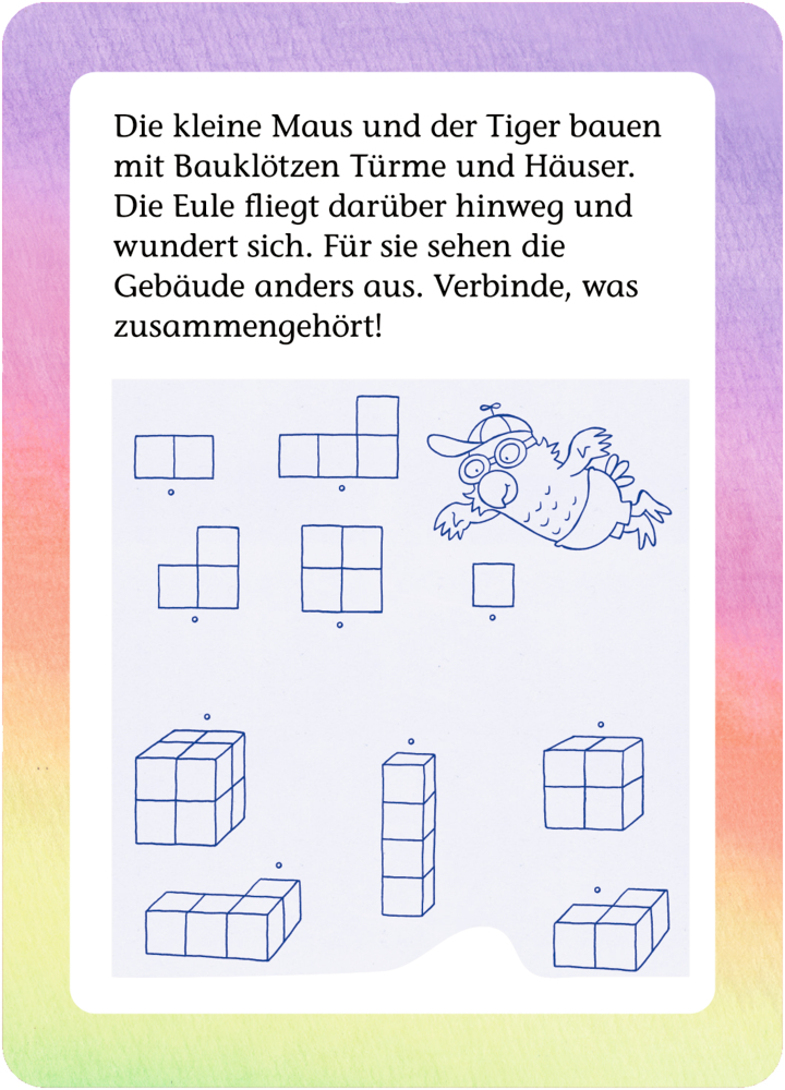 Eine Zeichentrick-Eule fliegt über Bausteintürme. Unten verbinden Linien gleiche Gebäude. Text oben.