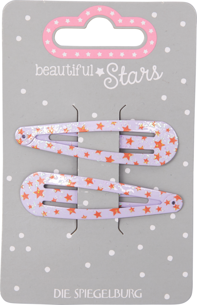 Zwei zart violette Haarspangen mit orangefarbenen Sternen und Glitzer auf einer Karte mit der Aufschrift „beautiful Stars“.