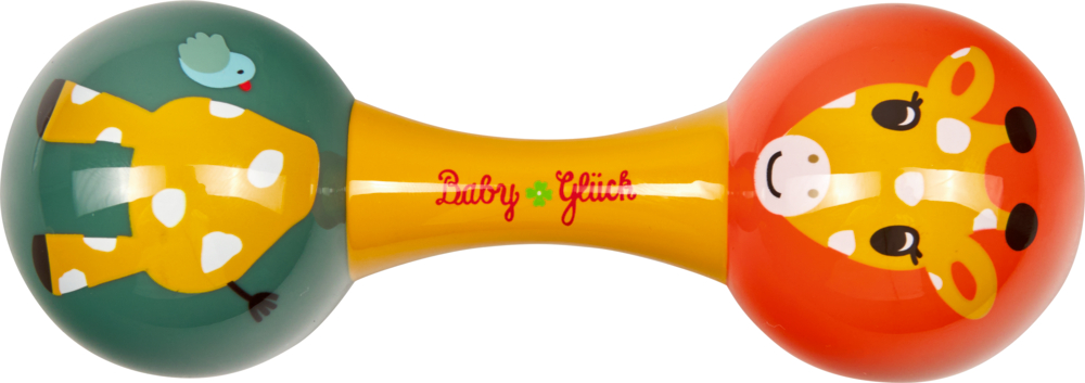 Ein Ende der Rassel mit Giraffenbemalung  ist der Kopf, das andere das Unterteil und die Mitte zum Greifen der Hals.