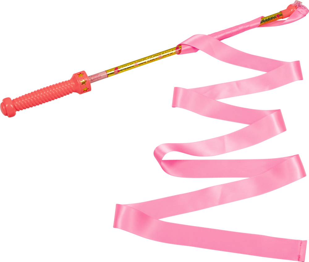 Langes, pinkes Band an einem Stab mit pinkem Griff.
