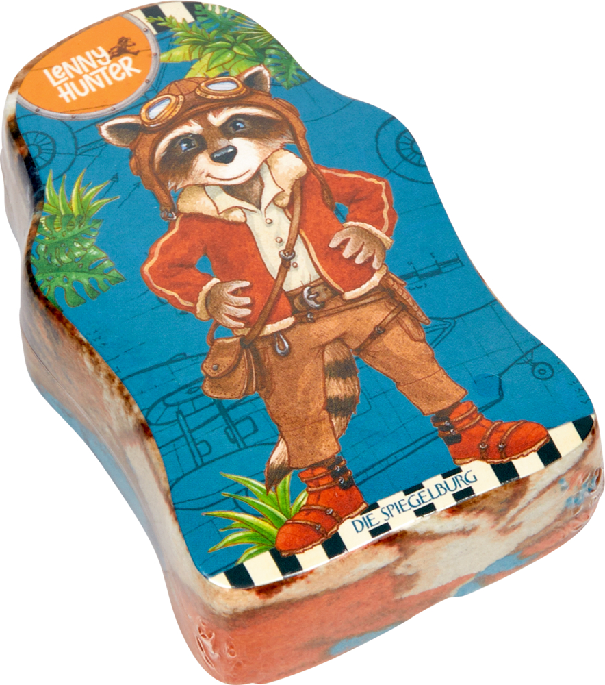 Ein kleines Päckchen zeigt einen Cartoon-Waschbären in Fliegermontur auf blauem Hintergrund mit Pflanzen und Flugzeugskizzen.