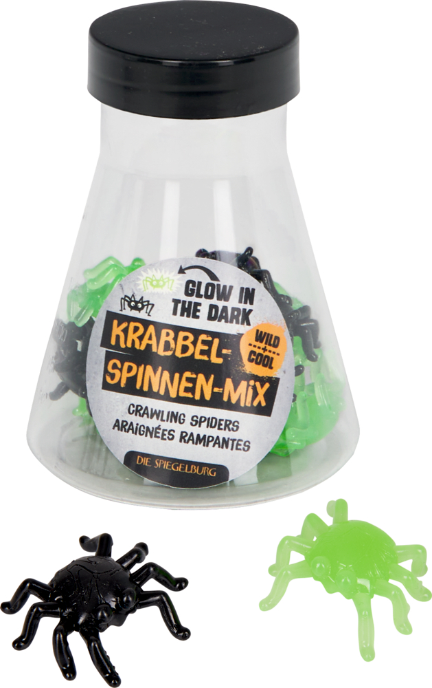 Ein Glas mit dem Aufdruck Crawling Spiders enthält schwarze und grün leuchtende Spielzeugspinnen.