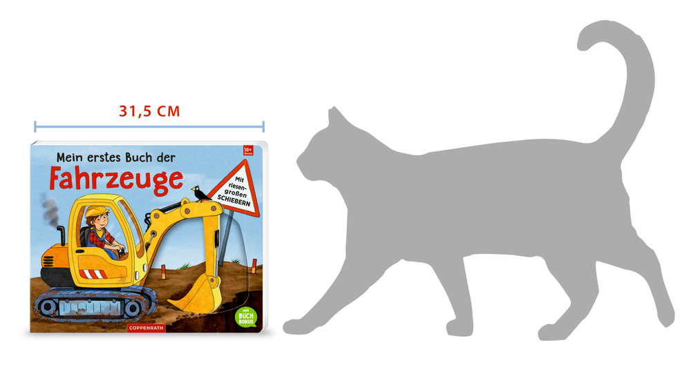 Kinderbuch mit einem gelben Bagger neben einer Katzensilhouette und die Breite ist mit 31,5 cm angegeben.