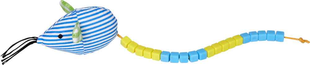 Rechenmaus - Bunte Geschenke Blau-weiß gestreifte Spielzeugmaus mit grünen Ohren und einem gelb-blauen, mit Perlen besetzten, segmentierten Schwanz.