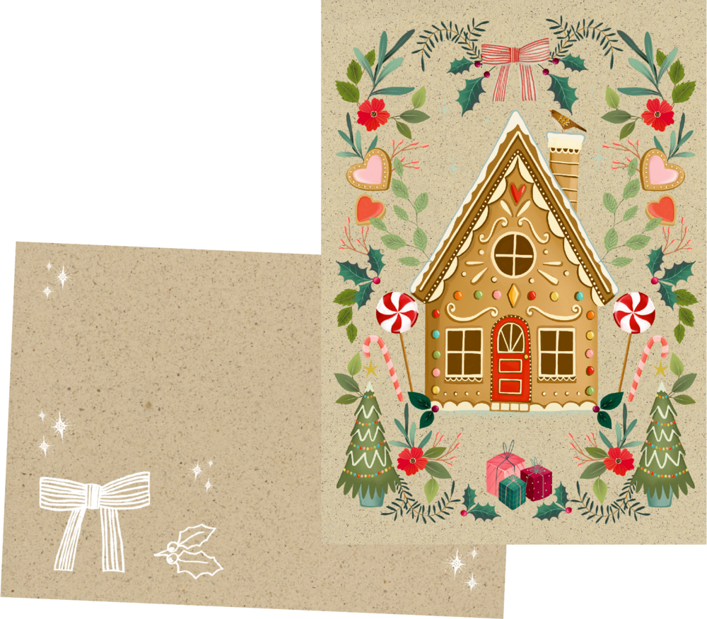 Festliche Karte mit einem Lebkuchenhaus, Süßigkeiten, Bäumen und Weihnachtsdekor auf strukturiertem Hintergrund.