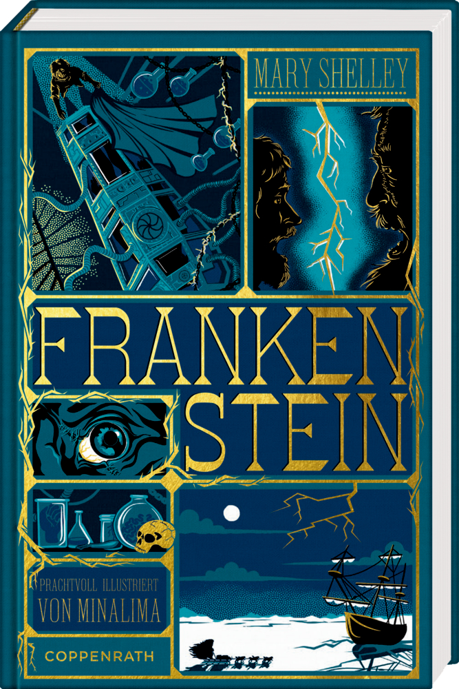 Blau und gold illustriertes Cover mit Szenen aus der Frankenstein-Geschichte und auffälligen Blitzen.