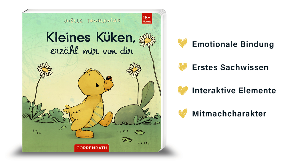 Küken mit Blume abgebildet auf einem Buch, daneben  Aspekte zum Buch aufgelistet.