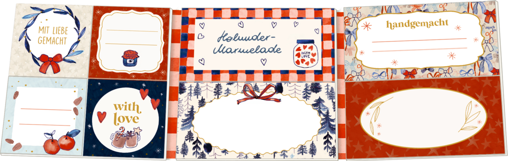 Bunte Schmucketiketten mit Aufschriften wie „mit Liebe“ und „handgemacht“ in verschiedenen Ausführungen.