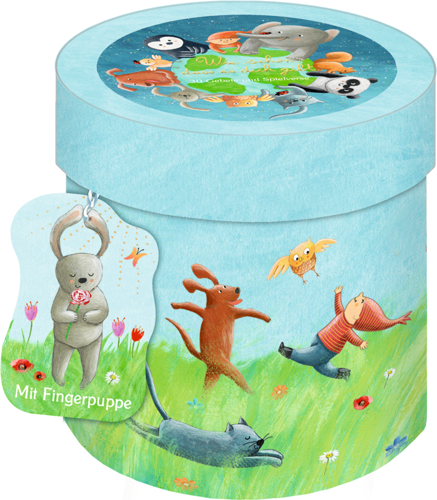 Spieledose: Wie schön, dass es dich gibt Hellblaue runde Schachtel mit verspielten Tieren, einem Kind auf Gras und einem Häschen-Fingerpuppenanhänger.
