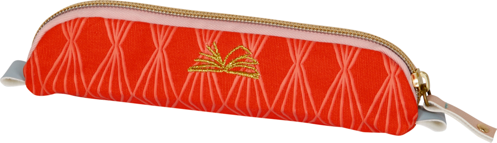 Stifte-Etui - BücherLiebe Rotes geometrisches Federmäppchen mit goldenem Reißverschluss und einem kleinen goldgestickten Muster auf der Vorderseite.