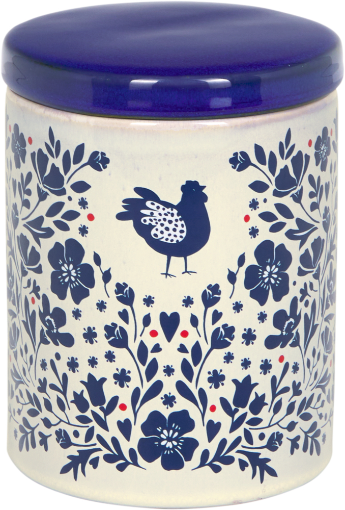 Weiße Dose mit dunkelblauem Deckel, blauem Blumenmuster und einem Huhn in der Mitte.