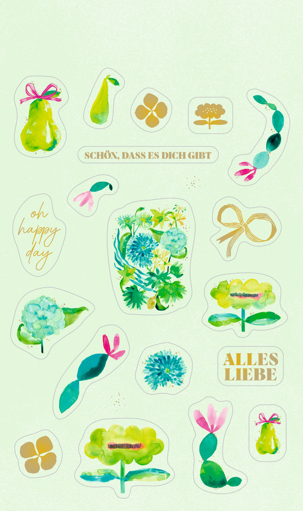 Bunte Aquarell-Aufkleber mit Blumen, Birnen, Schleifen und Sätzen auf hellgrünem Hintergrund.