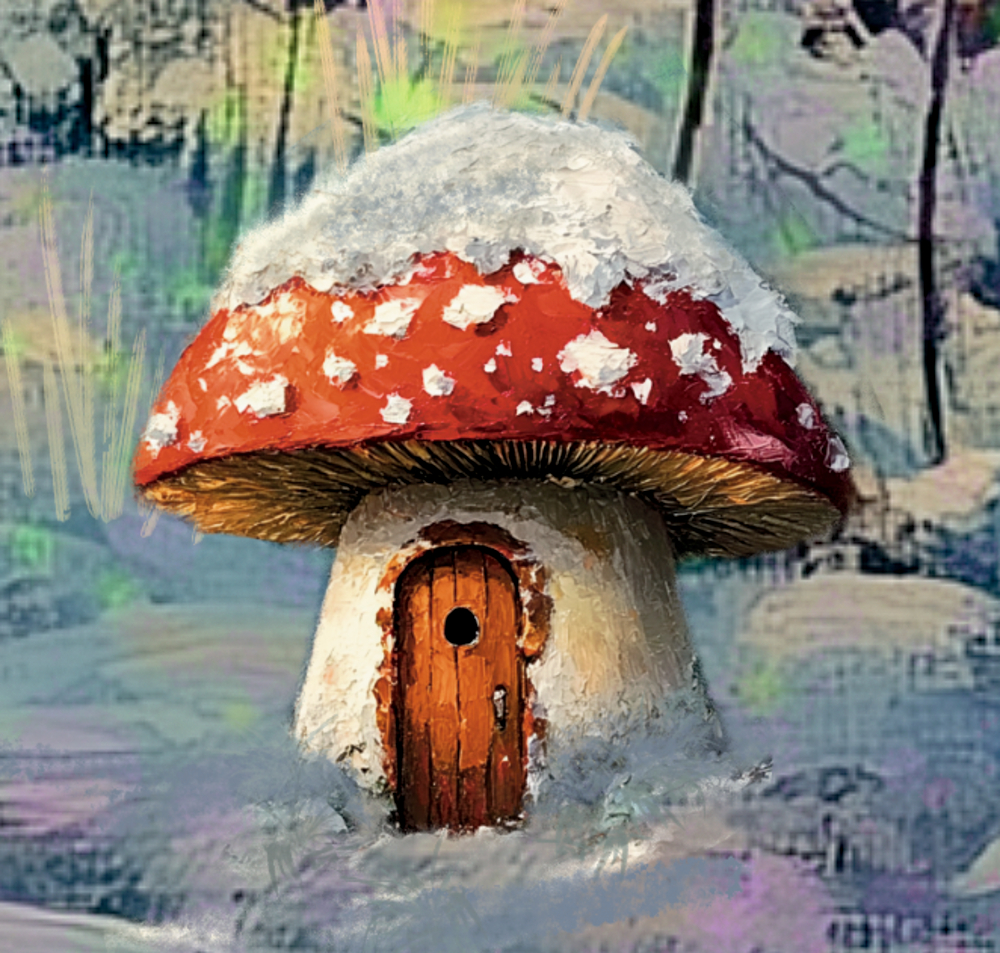 Ein rot-weißes Pilzhaus mit Holztür, schneebedeckt in einem winterlichen Wald.