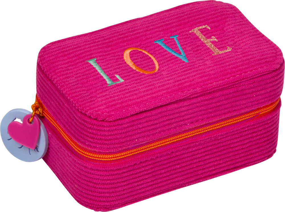Pinkfarbene Schmuckschatulle mit Reißverschluss, LOVE-Aufschrift und herzförmigem Zipper-Anhänger.