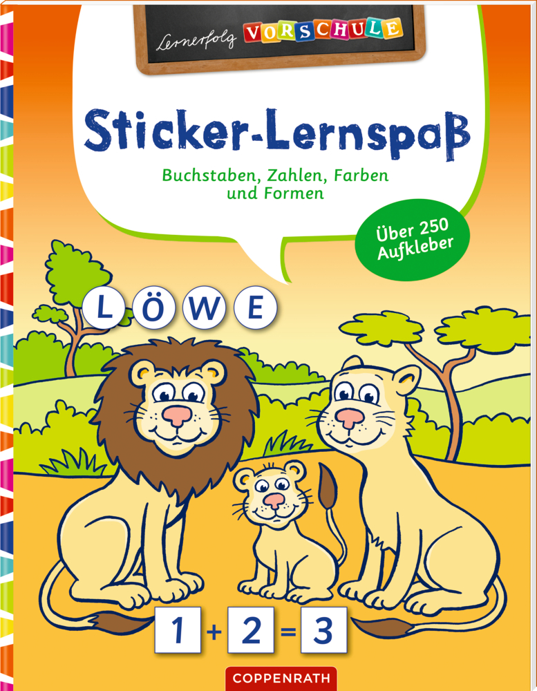 Lernerfolg Vorschule: Sticker-Lernspaß (Wilde Tiere) Löwenfamilienillustration mit „Löwe“, den Zahlen 1-3 und bunten Formen auf einem Arbeitsheftumschlag.