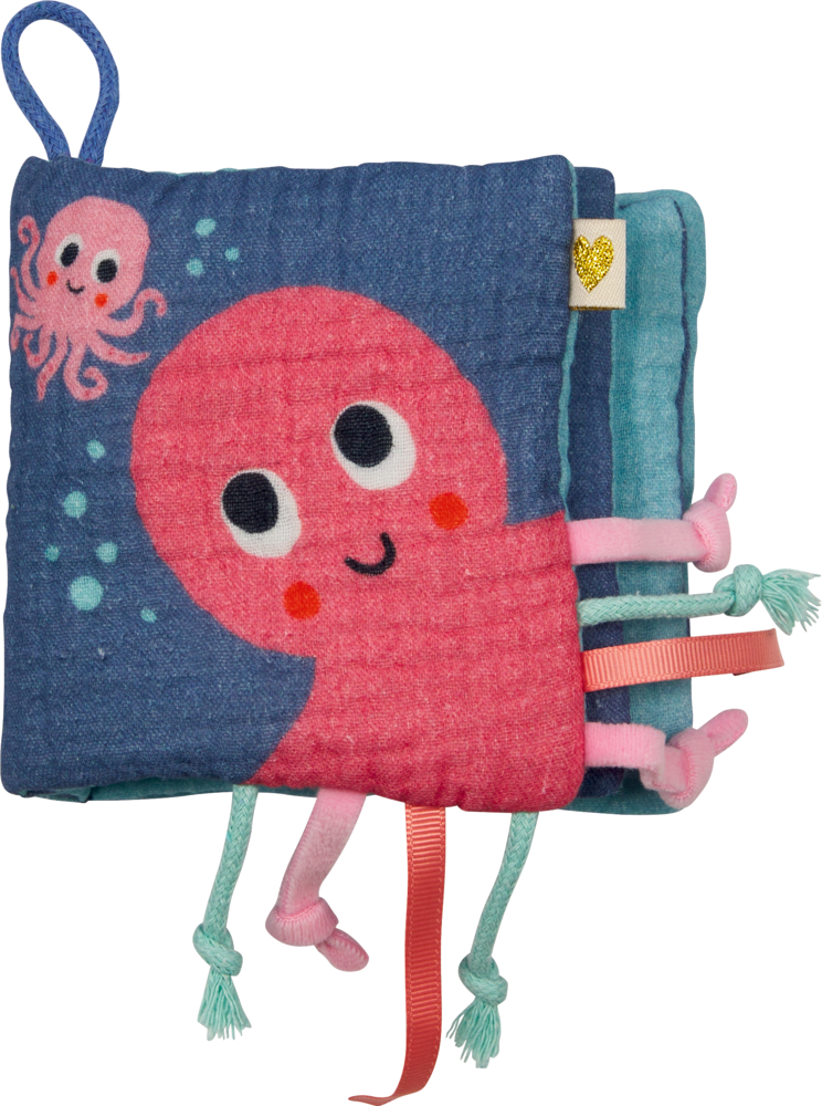 Weiches Babystoffbuch mit lächelndem pinkem Oktopus auf dem Cover, Band- und Kordeldetails.