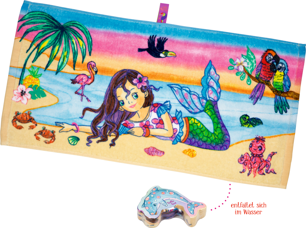 Buntes Handtuch mit Meerjungfrau, tropischen Vögeln, Tieren und Meeresleben; in Delfin-Form gepresst.