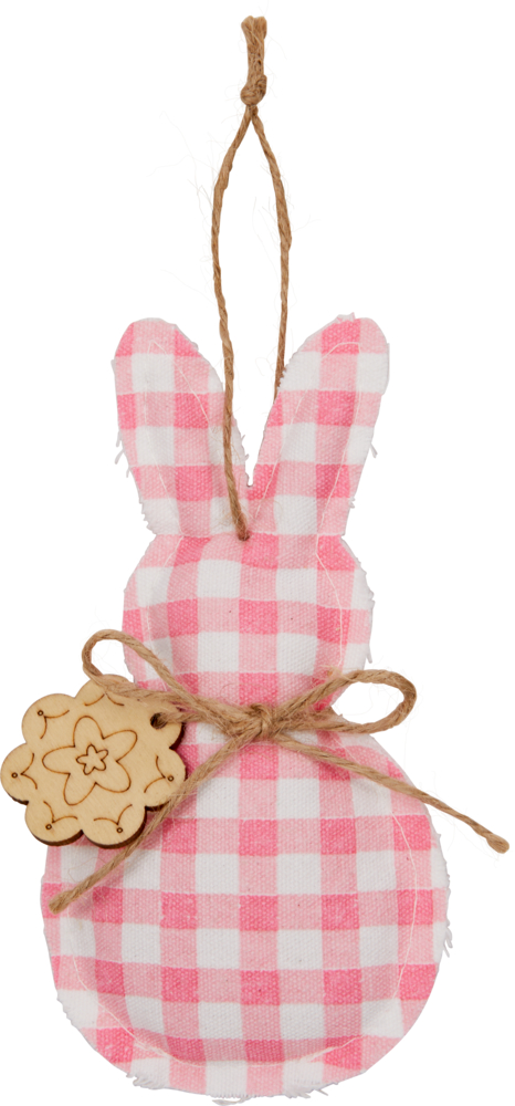 Rosa-weißes Häschen aus Stoff mit Schnurschleife, hölzernem Blumenanhänger und Aufhängeschlaufe.