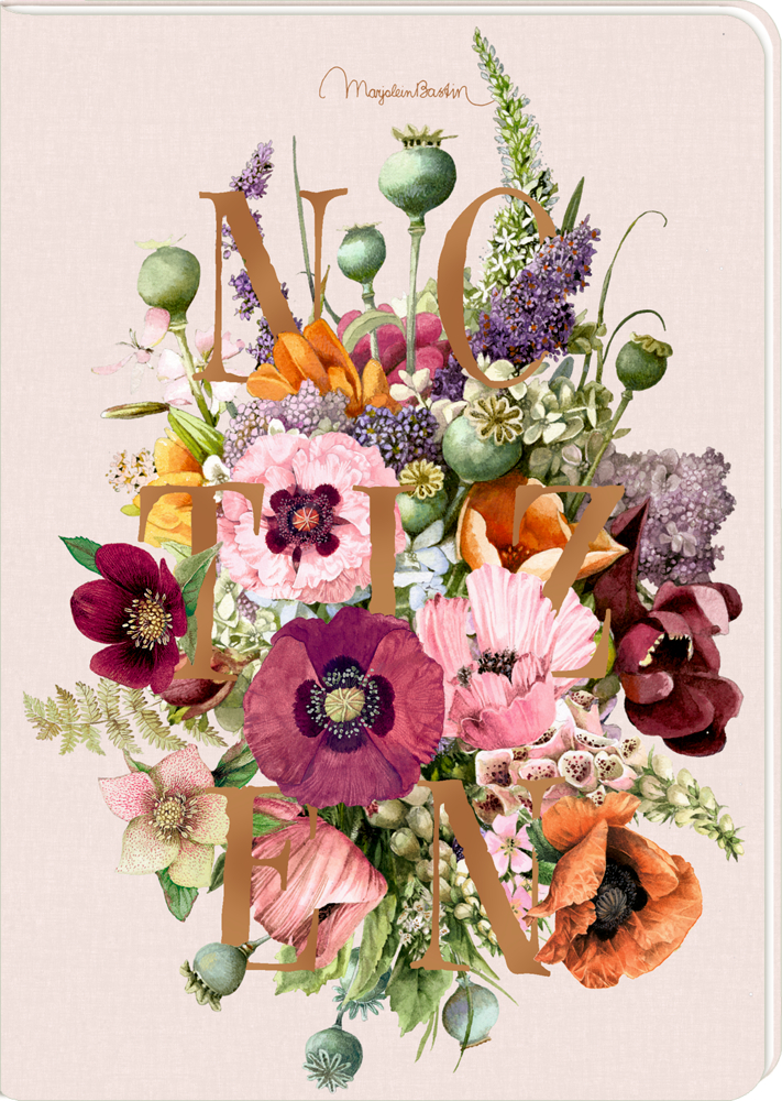 Beispiel eines Notizheft-Covers: Ein Strauß bunter Blumen mit der goldenen Aufschrift „NOTEBOOK“ darüber.