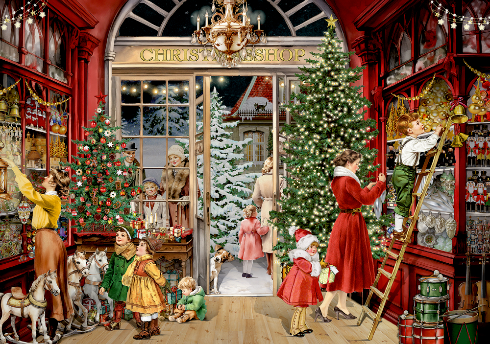 Menschen schmücken einen weihnachtlich dekorierten Laden mit Tannenbaum, Spielzeug und Lichtern, draußen liegt Schnee.