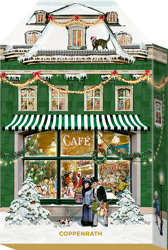 Festliches, grünes Haus mit großem Schaufenster, Schnee und Weihnachtsdekoration.