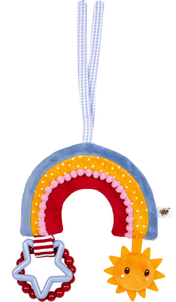 Buggyanhänger Regenbogen - BabyGlück Bunter Stoff-Regenbogen mit einem Sternring und einer lächelnden Sonne, die an den Enden hängen.