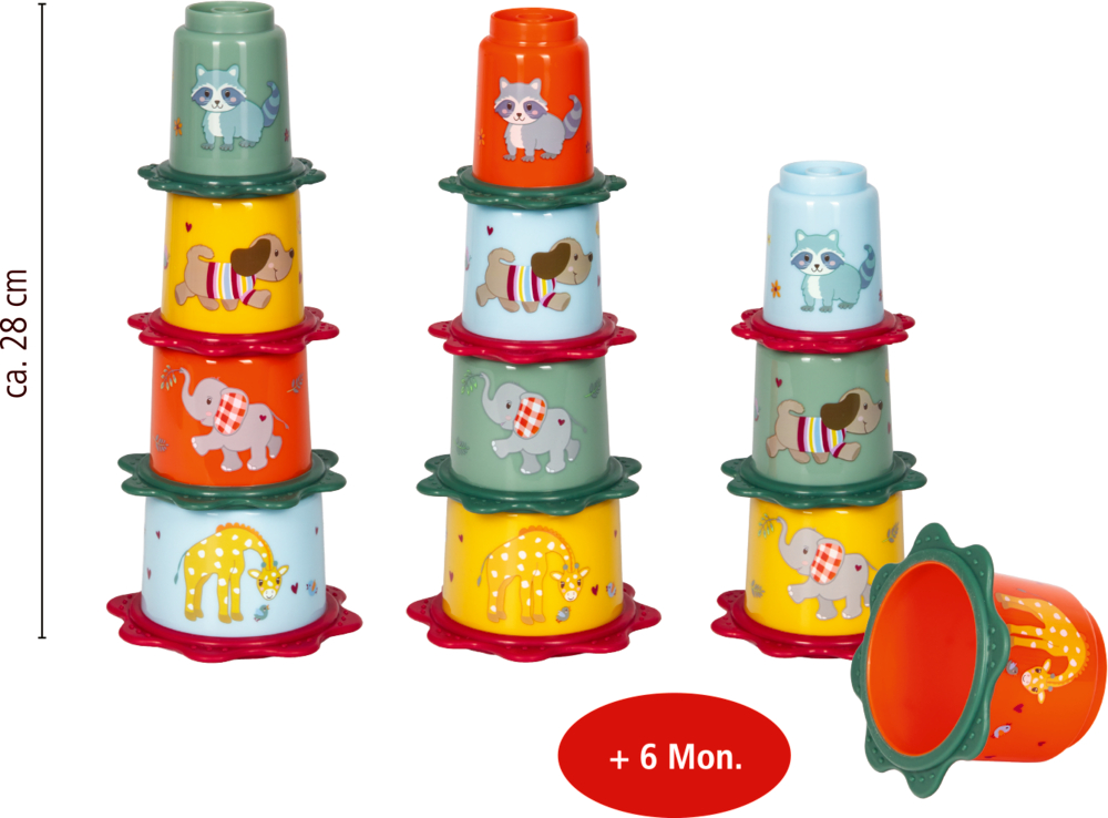 Drei bunte Stapelbecher-Türme mit Tiermotiven, daneben ein Stapelbecher seitlich liegend.