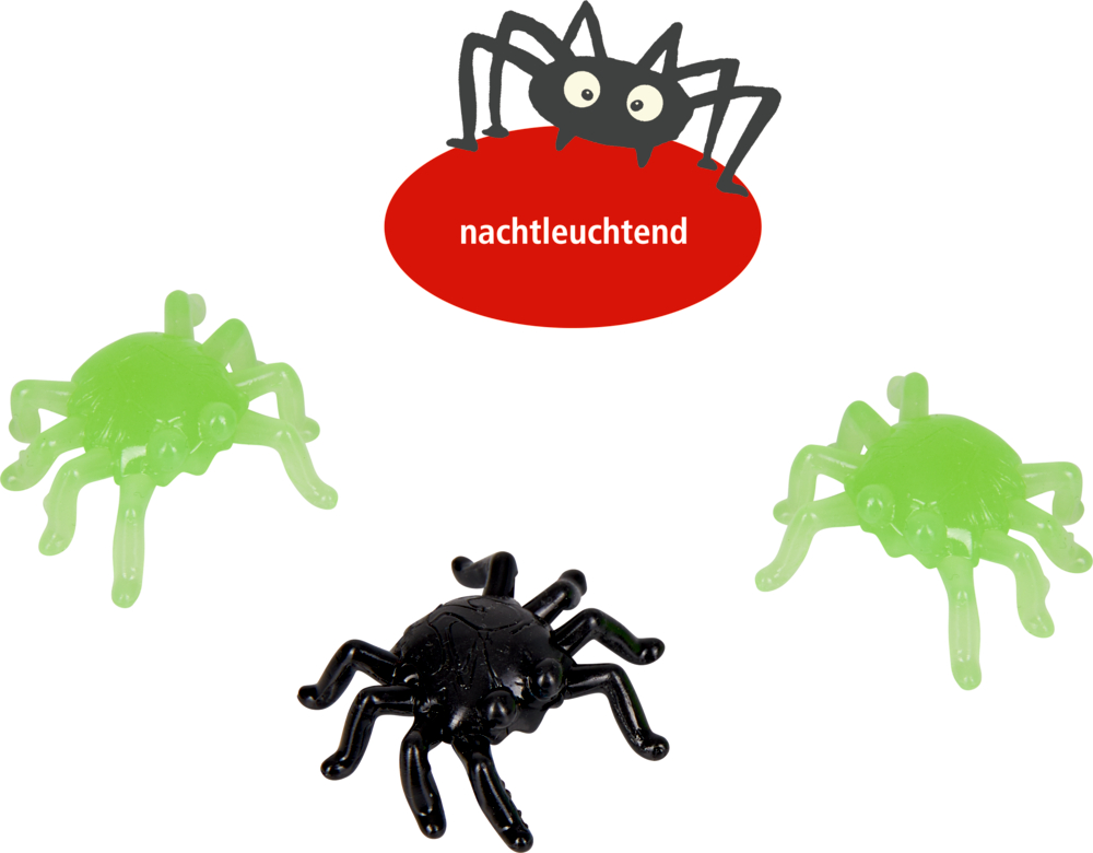 Zwei grüne und eine schwarze Spielzeugspinne mit einer Cartoon-Spinne über dem Text nachtleuchtend.