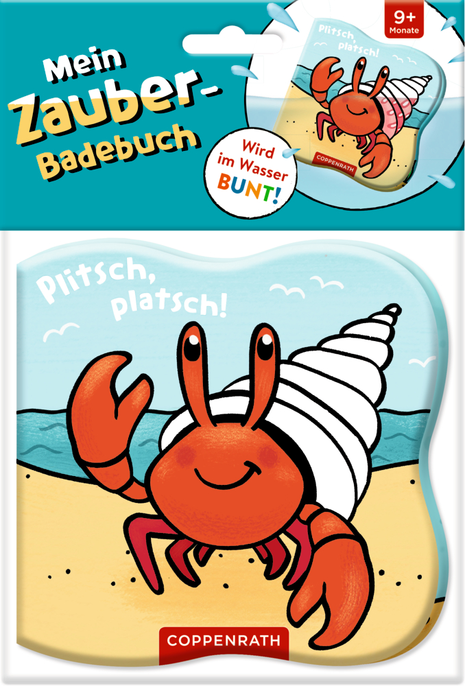 Mein Zauber-Badebuch Cartoon-Krabbe mit Muschel auf dem Rücken auf dem Cover von "Plitsch, Platsch!" in einer Verpackung mit der Auschrift "Mein Zauber-Badebuch".