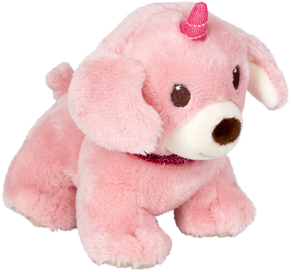 Unidog klein, rosa Rosa Plüschhund mit glitzerndem Einhornhorn und passendem Halsband.