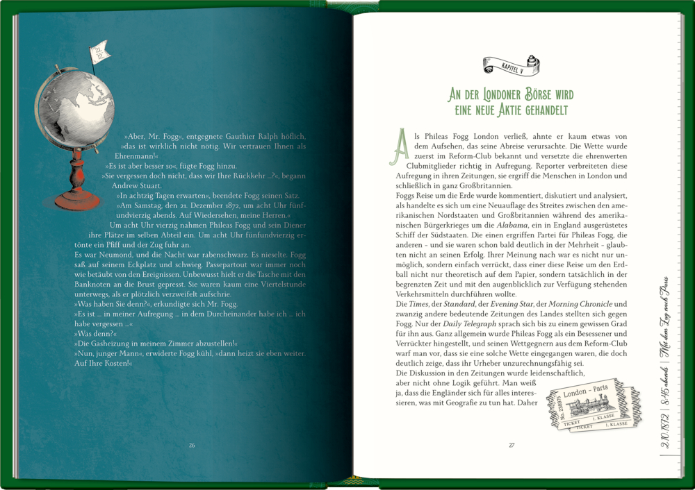 Bildband mit  Text, Globus und Reisegrafiken auf weißen und grünen Seiten.