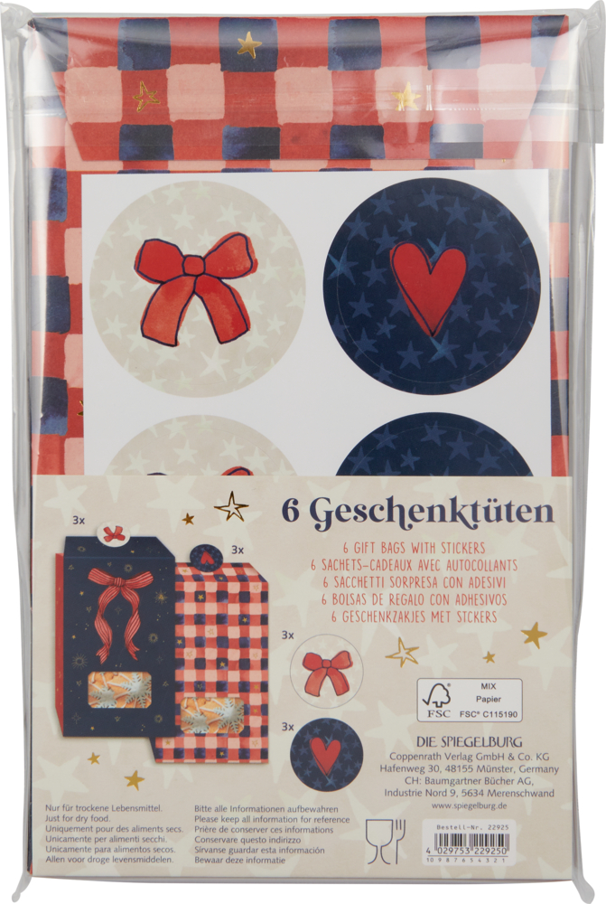 Set mit 6 Geschenktüten und Aufklebern in Rot, Blau in Herzform und Schleife