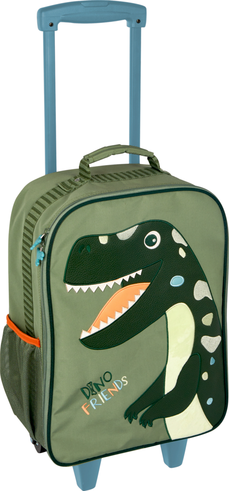 Kleiner Trolley - Dino Friends Grüner Trolley für Kinder mit Cartoon-Dinosaurier und „Dino Friends“-Aufdruck auf der Vorderseite.