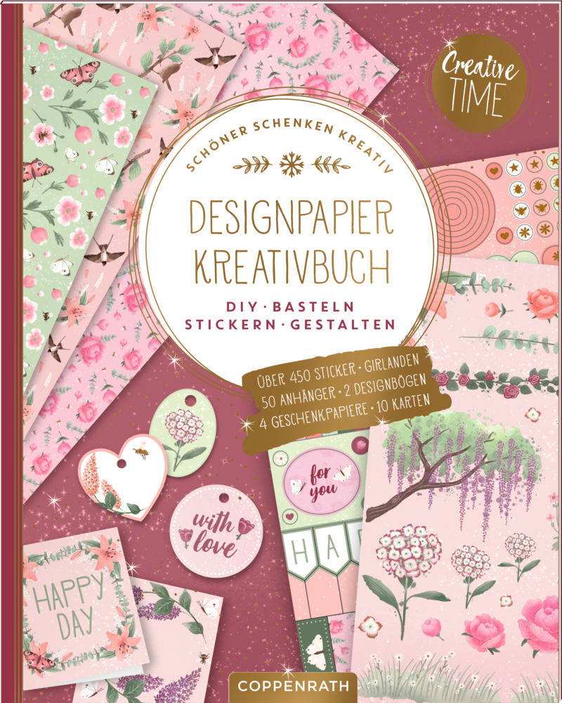 Pastellfarbener Buchumschlag mit Blumenmotiv, Papier, Etiketten, Aufklebern und kreativen DIY-Elementen.