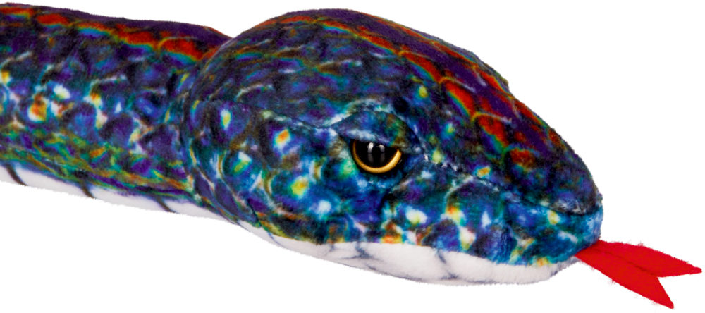 Kopf einer schimmernden Stoffschlange mit roter Filzzunge und detailreichem, mehrfarbigem Muster.