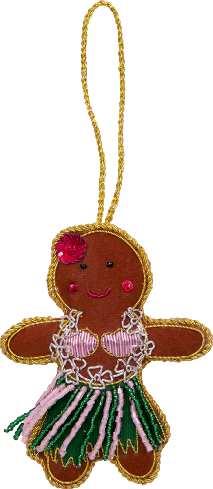 Lebkuchenfigur mit rosa Oberteil, grün-rosa Rock aus Perlen und goldener Umrandung, an goldener Aufhängeschnur.