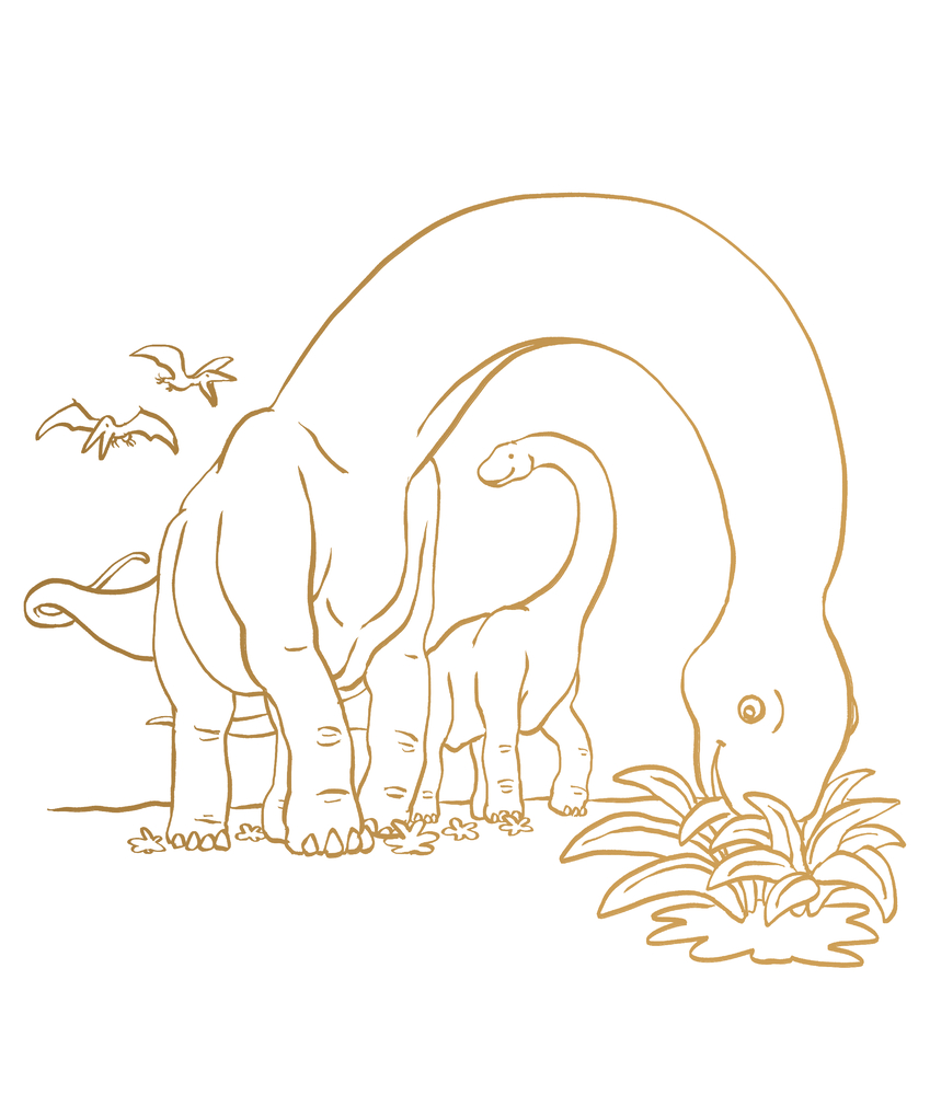 Zwei langhalsige Dinosaurier grasen, während im Hintergrund fliegende Dinosaurier durch die Luft kreisen, auf einer Ausmalseite